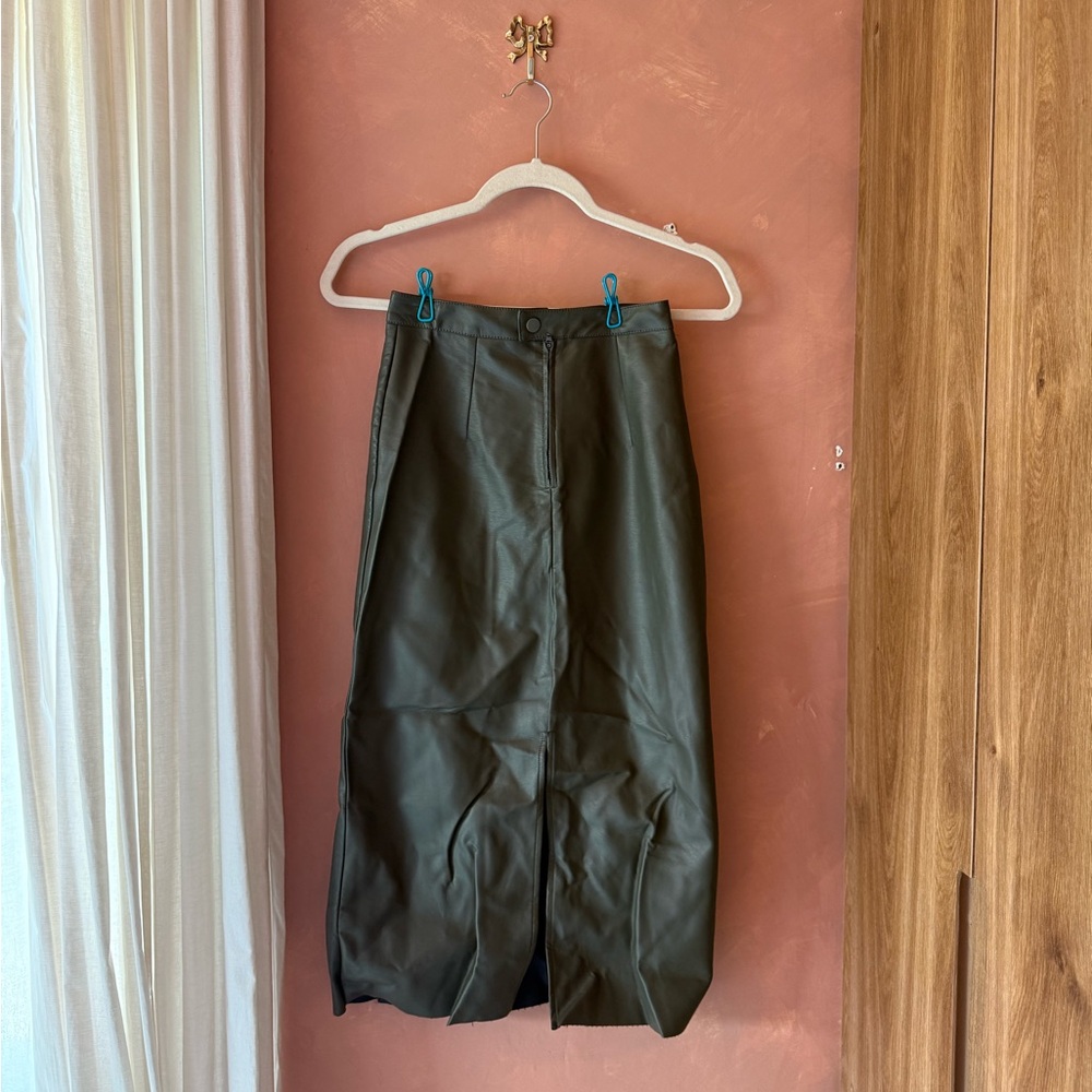 Green Faux Leather Midi Skirt